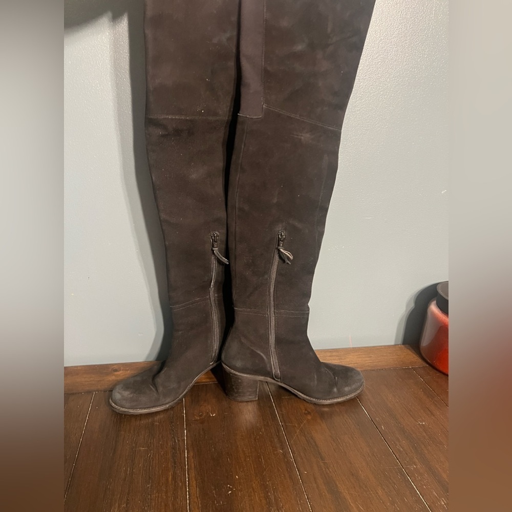 Stuart Weitzman Black Suede Over The Knee OTK Boots Block Heel Lug Sole Side Zip - Picture 4 of 10